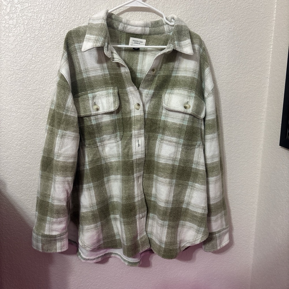 American Eagle Olive and Cream Plaid Shirt